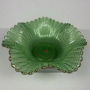 MCM Italian Green Ruffled Glass Fruit Bowl Gold Trim Waffle Print Vintage 1960's